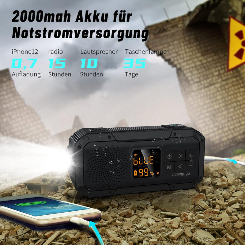 Libovgogo DF-589 Kleines Notfallradio mit Handkurbel, wasserdichter Bluetooth-Lautsprecher, tragbare