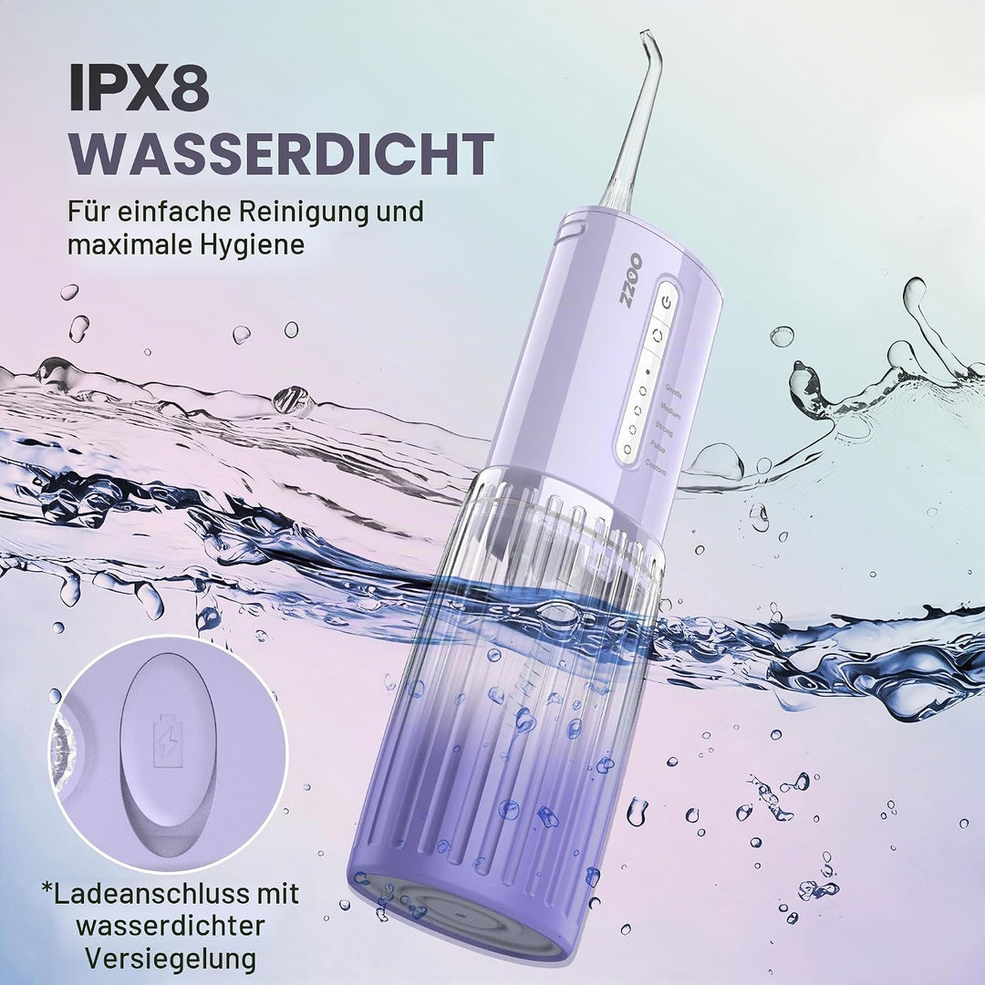 OOZZ Travel Water Flosser, Schnurlose Taschenmunddusche, 5 Druckmodi, 6 Strahlspitzen, USB-wiederauf