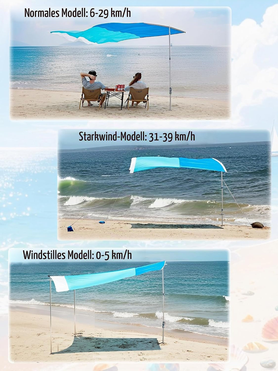 Strand-Sonnendach 3–6 Pers. tragbar, selbstausrichtend, 3 Min. Aufbau. (Normal), Normal