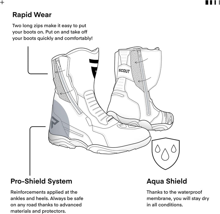 REBELHORN Scout Motorradstiefel Hipora Membran Knöchel- und Fersenschutz Antibakterieller Einsatz Re