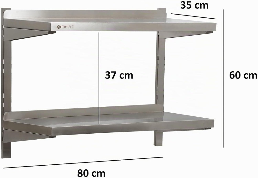 Mahlzeit Edelstahl Wandregal | Küchenregal Hängeregal Wandregal Wandbord Regal (80 x 35 cm - 2 Ablag