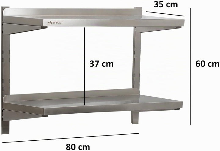 Mahlzeit Edelstahl Wandregal | Küchenregal Hängeregal Wandregal Wandbord Regal (80 x 35 cm - 2 Ablag