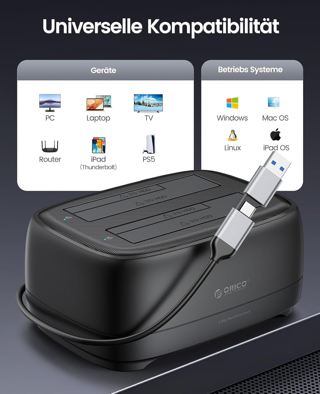 ORICO Dualschacht Festplatten Docking Station USB 3.2 Gen 1 Festplattengehäuse für alle Standard 2.5