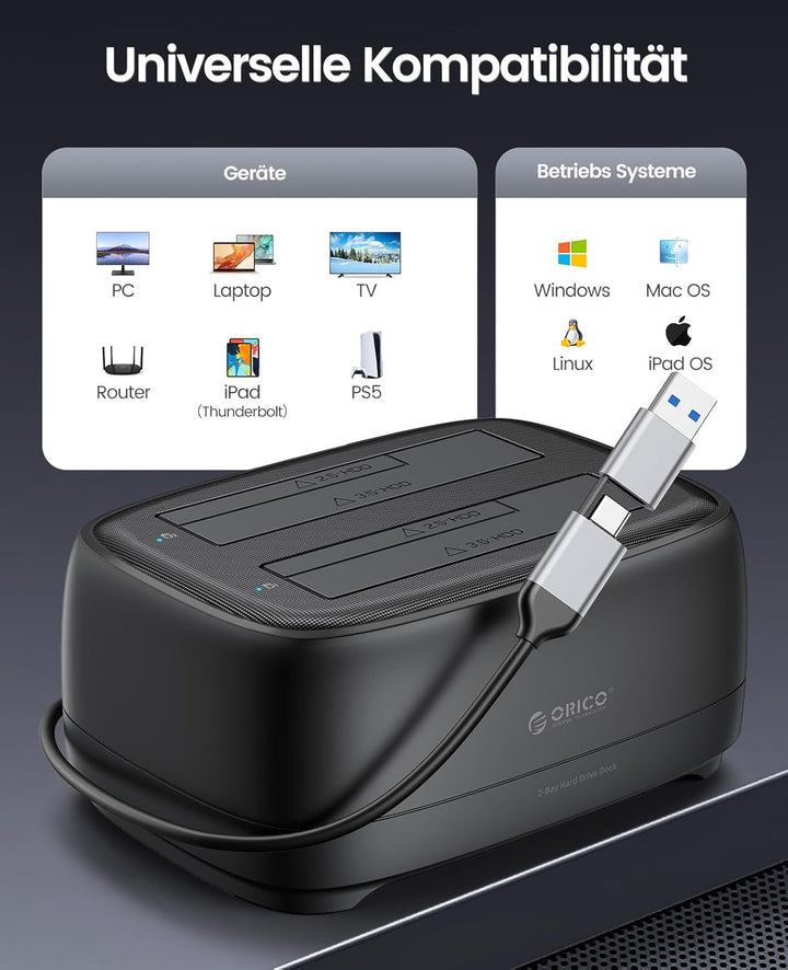 ORICO Dualschacht Festplatten Docking Station USB 3.2 Gen 1 Festplattengehäuse für alle Standard 2.5