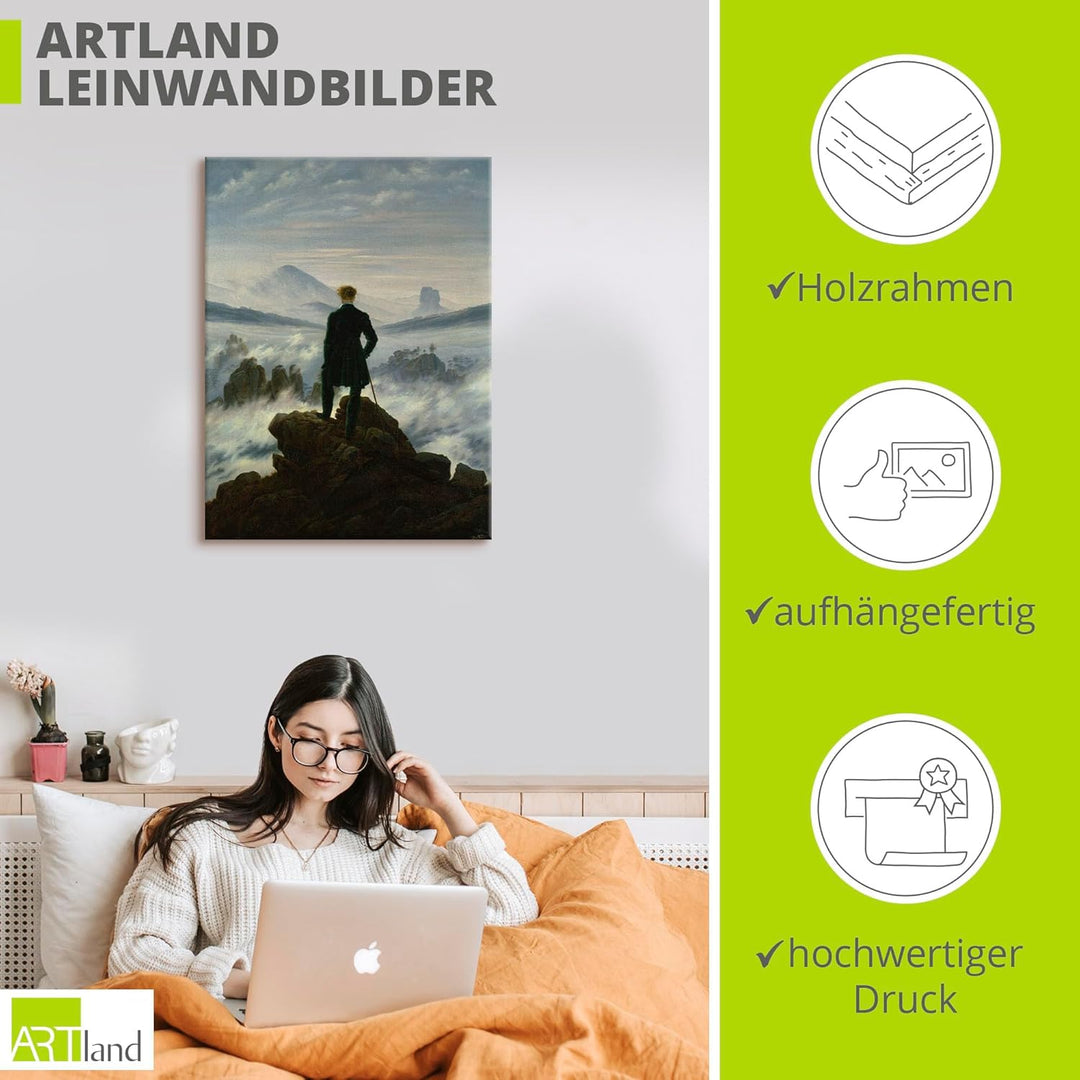 ARTland Leinwandbild Wandbild Bild auf Leinwand 45x60 cm Wanddeko Wandern Berge Wald Wolken Nebel De