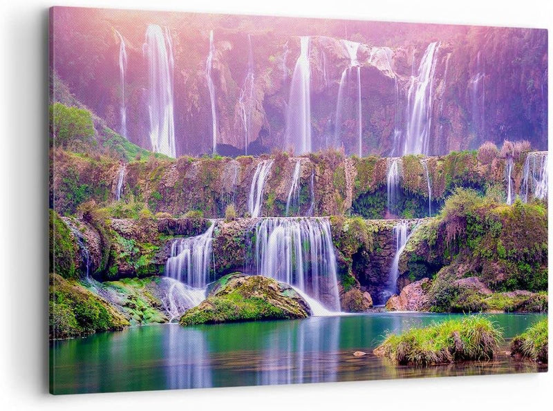 Bilder auf Leinwand 100x70cm Leinwandbild mit Rahmen Wasserfall Natur Gross Wanddeko Bild Schlafzimm