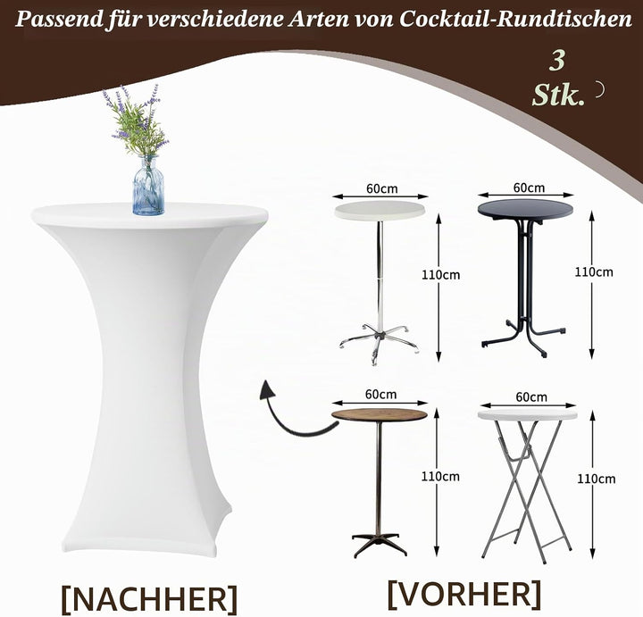 3er-Set Weiss Stretch Stehtisch Husse für Bistrotisch Ø 60-65 cm Spandex Stretch Tischdecke, Verstär