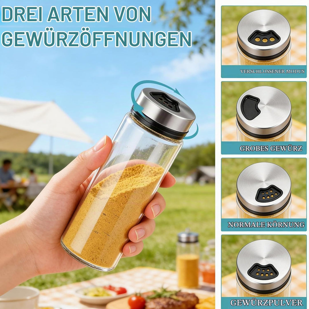 4 Stück Gewürzgläser mit Drehdeckel, 300ml Gewürzstreuer Glas, Borosilikatglas Gewürzstreuer, Salz u