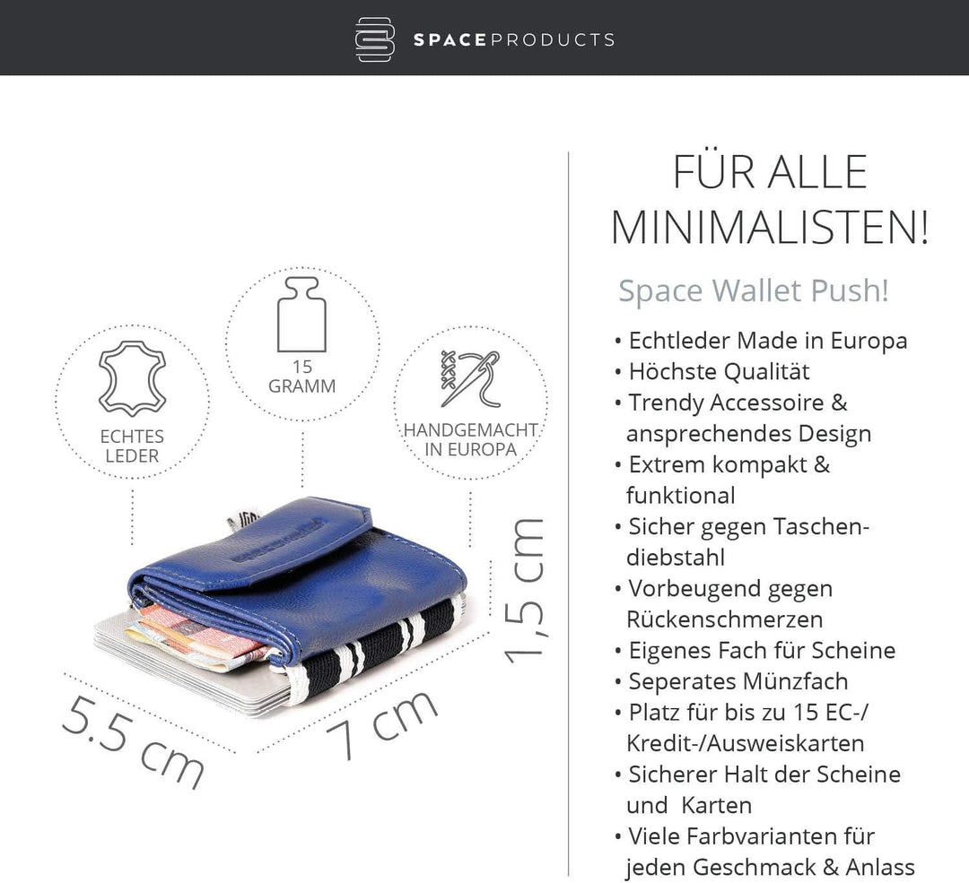 Space Products ® Mini Geldbörse blau-gestreift I Sehr kleines Echtleder Wallet/Portemonnaie mit Münz
