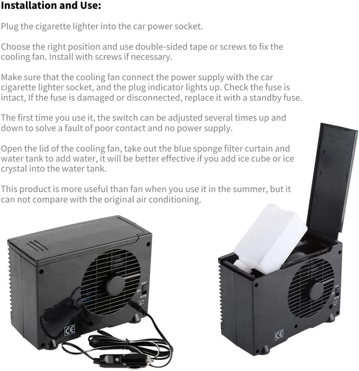 12V Mini Lufterfrischer Autoklimaanlage Tragbarer Ventilator Verdunstungskühler Schwarz, 20 x 11 x 1