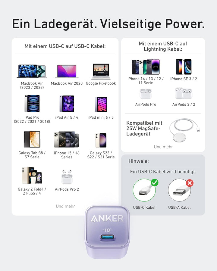 Anker 30W USB C Ladegerät, GaN 511 Nano 3, PIQ 3.0 PPS Schnellladegerät für iPhone 17/Pro/Pro Max/iP