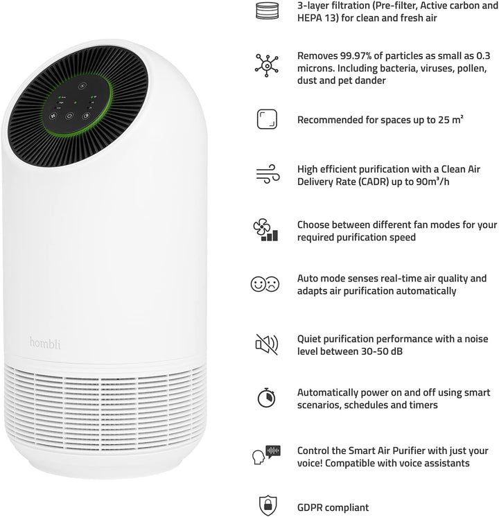 Hombli Smart Air Purifier mit 3 Lagen-Filterung, HEPA 13, Luftreiniger, ultraleise, App-, Sprachsteu