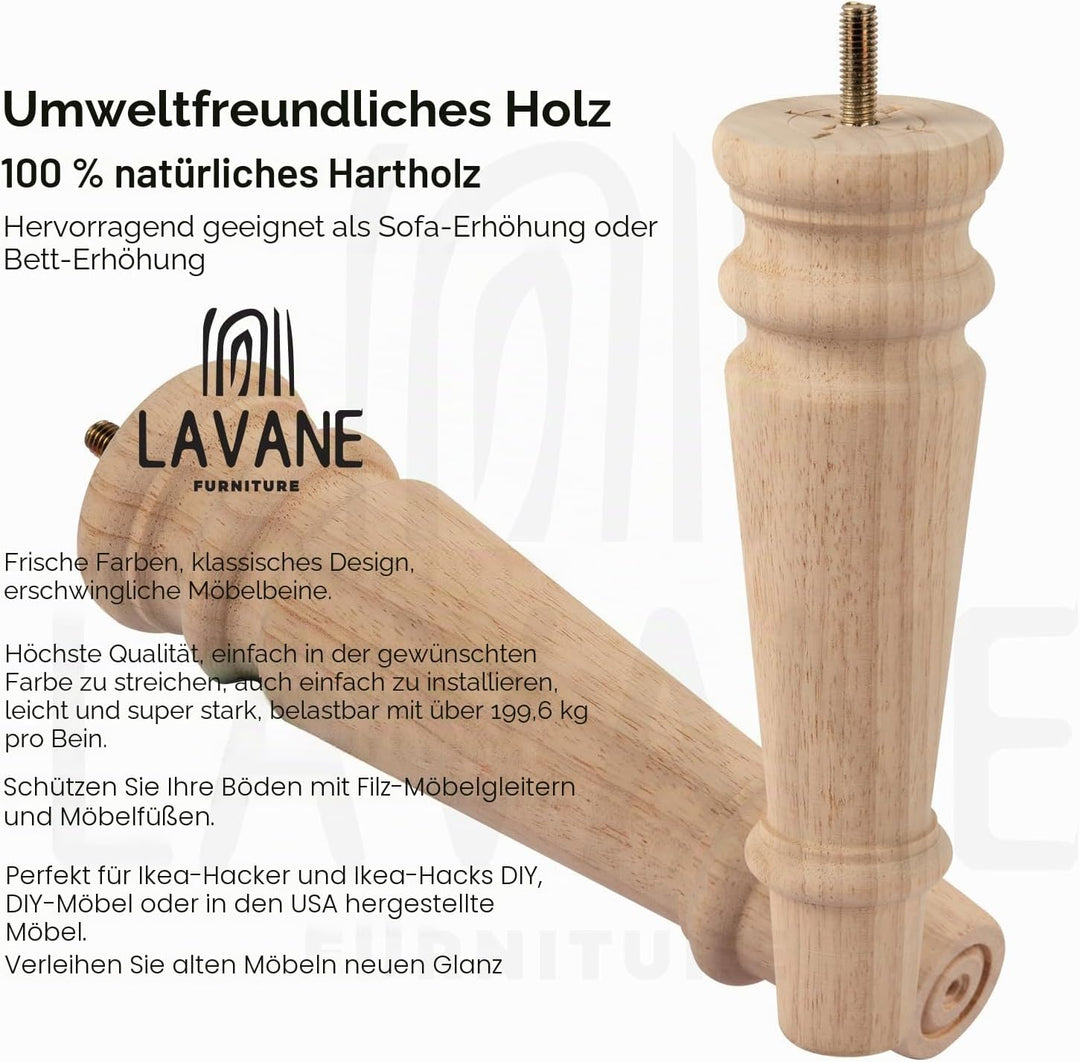 LA VANE 4 Stück Möbelfüsse aus Massivholz - 20cm Höhe, Unlackiert, Spindelform mit M8 Bolzen & Monta