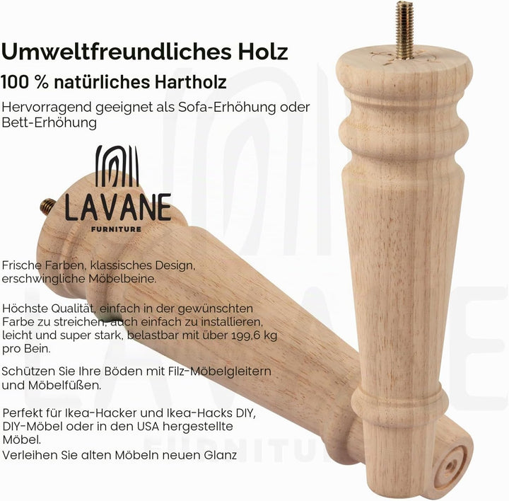 LA VANE 4 Stück Möbelfüsse aus Massivholz - 20cm Höhe, Unlackiert, Spindelform mit M8 Bolzen & Monta