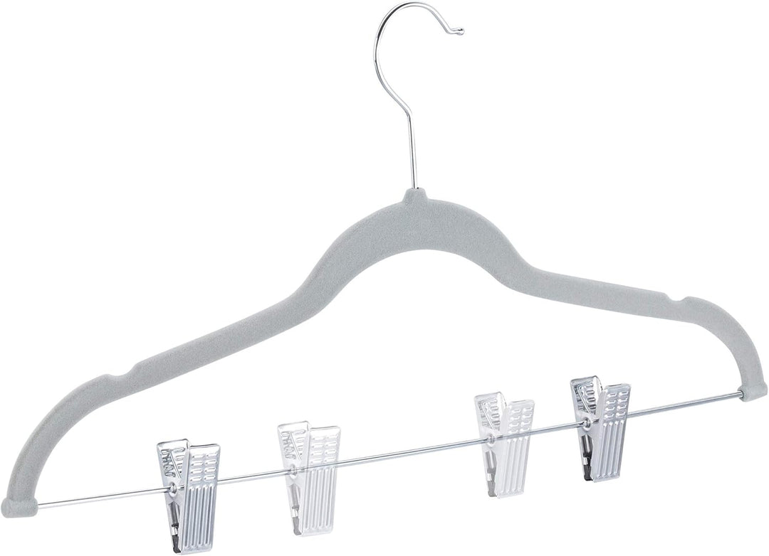 Relaxdays, grau Samtbügel mit Clips 12er Set, 360° drehbarer Haken, Hosenbügel, rutschfeste Hemdenbü