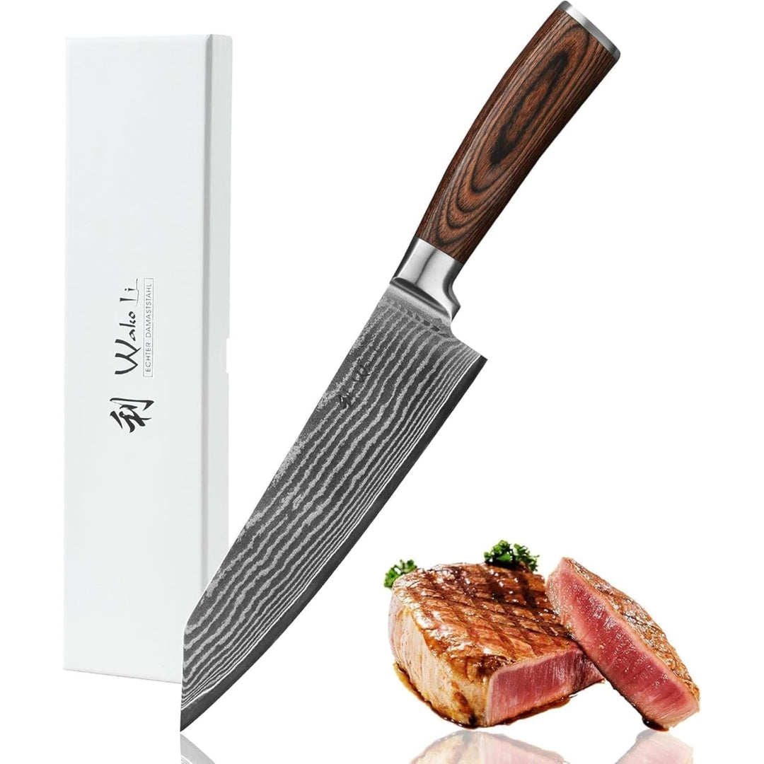 Wakoli EDIB Kiritsuke Messer aus echtem Damaststahl (VG10 Kern) mit 20 cm Klinge – Scharfes Küchenme