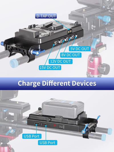 Moman V-Mount Battery Plate VLock Adapterplatte, Netzteil-Splitter mit 15 mm Stangenklemme für BMPCC