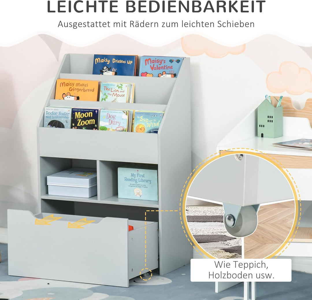 HOMCOM Kinder Bücherregal Kinderregal mit Schublade, 3 Ablagefächern und 2 offenen Fächern, Aufbewah