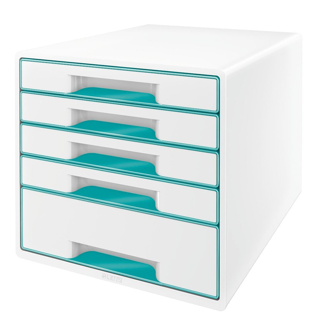 Leitz 52141051 Wow Cube Schubladenbox (Polystyrol) 5 Schubladen perlweiss/eisblau 5 Schubladen Eisbl