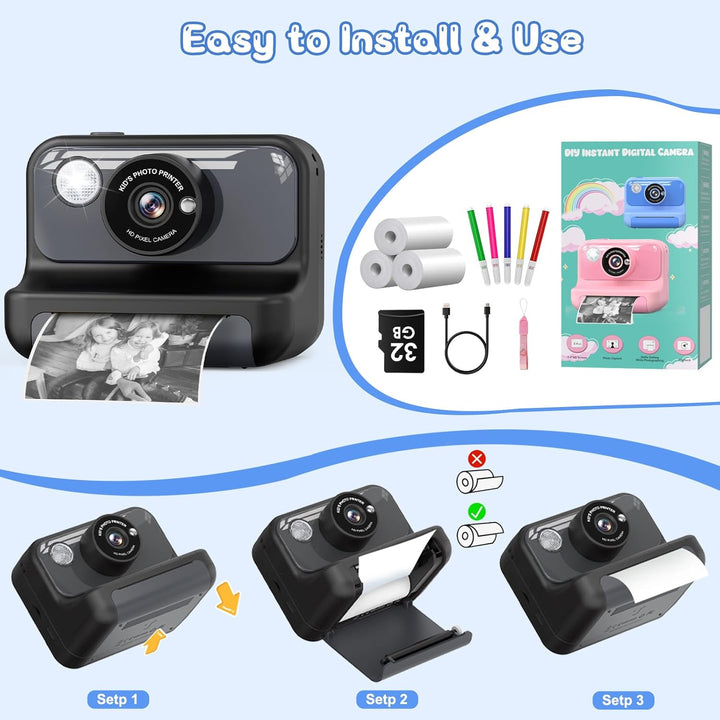 Hangrui Sofortbildkamera Kinder, 2,4 Zoll Kinderkamera Sofortbildkamera mit 32G Karte & Druckpapier,