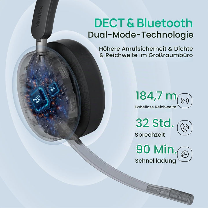 Yealink WH68 ANC DECT Kabelloses Headset mit Mikrofon, 4X AI-Mic mit Geräuschunterdrückung, 185m Rei