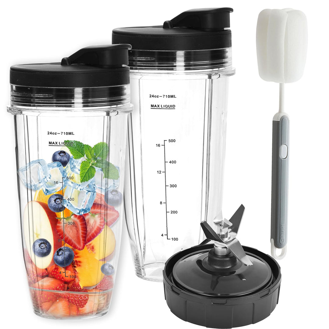 Blender Cups & Blattersatz für Ninja - 2 Pack 710 ml Cups mit 7 Flossen Blatt Ersatzteilen & Bürsten