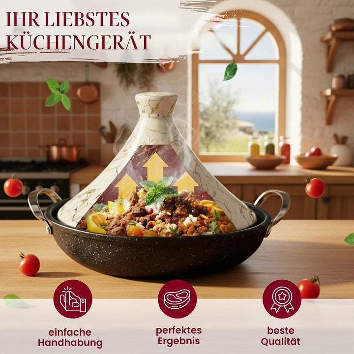 Royal Swiss Tajine 38 cm – Edelstahl mit Keramikdeckel & Dampfventil | Für Induktion, Gas, Ofen & Mi