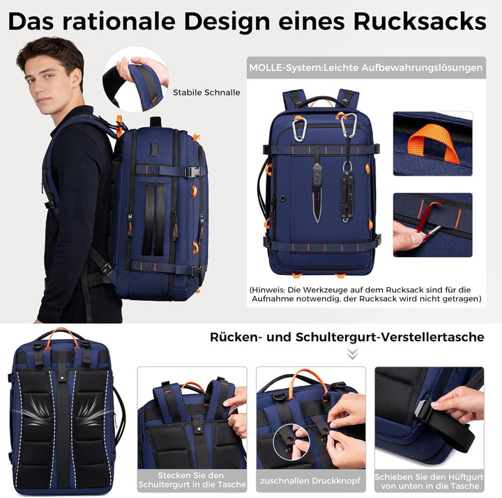 Fenree.geer Reiserucksack, Handgepäck Rucksack, Laptop Rucksack für 18.4 Zoll, Erweiterbar 49 L auf