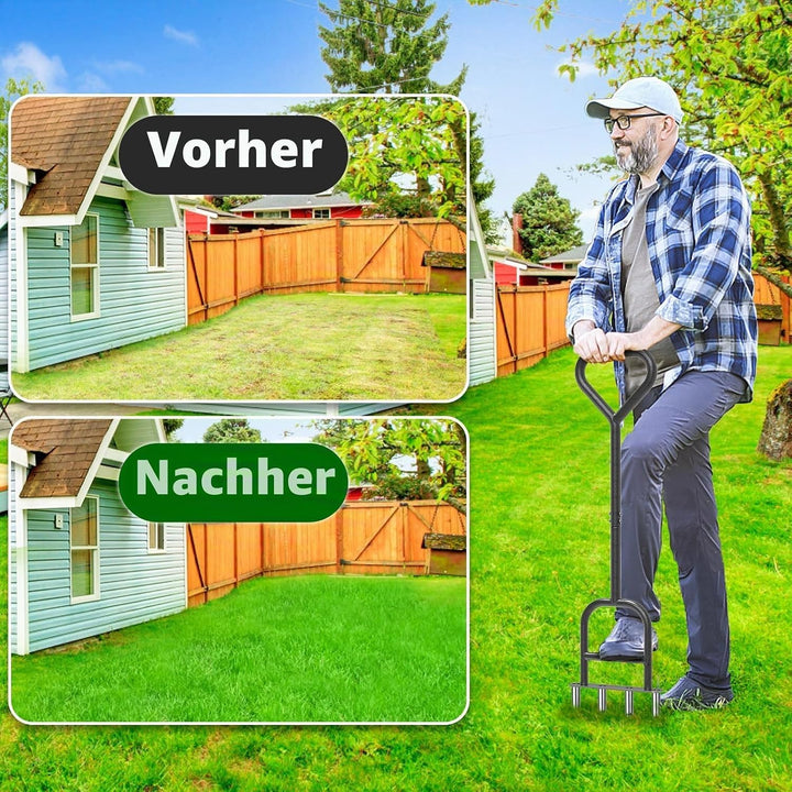 Dolibest Rasenlüfter Aerifizierer, Verbessert Manuell Rasen Belüfter 4 Hohlzinken Rasengabel Gardena