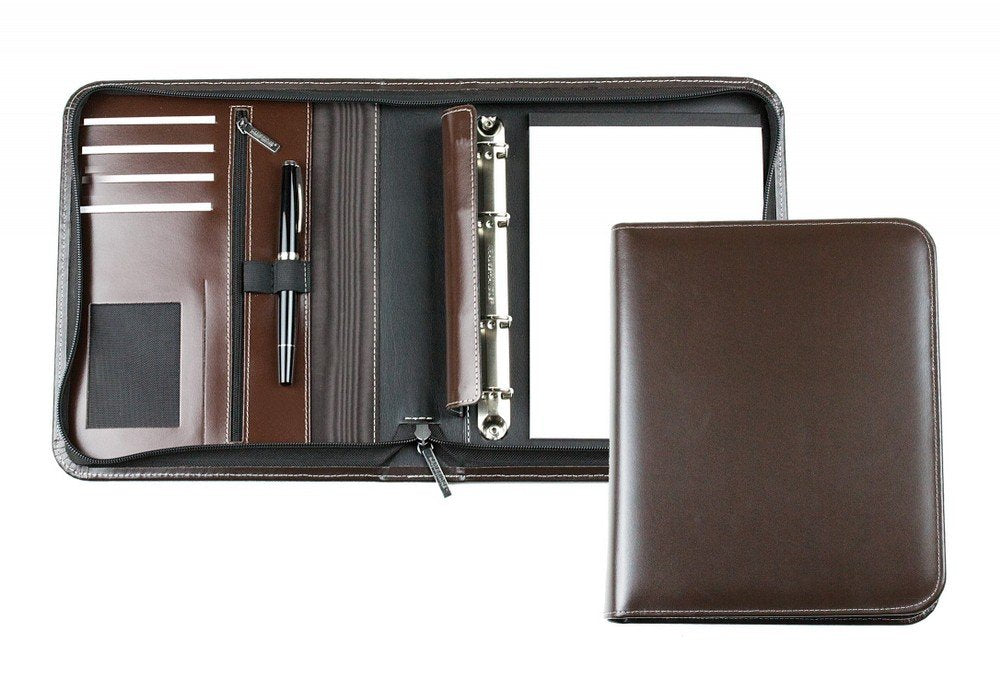 DELMON VARONE - Personalisierbare Ringbuch Schreibmappe DIN A5 aus Cambridge Top Grain Leder braun,