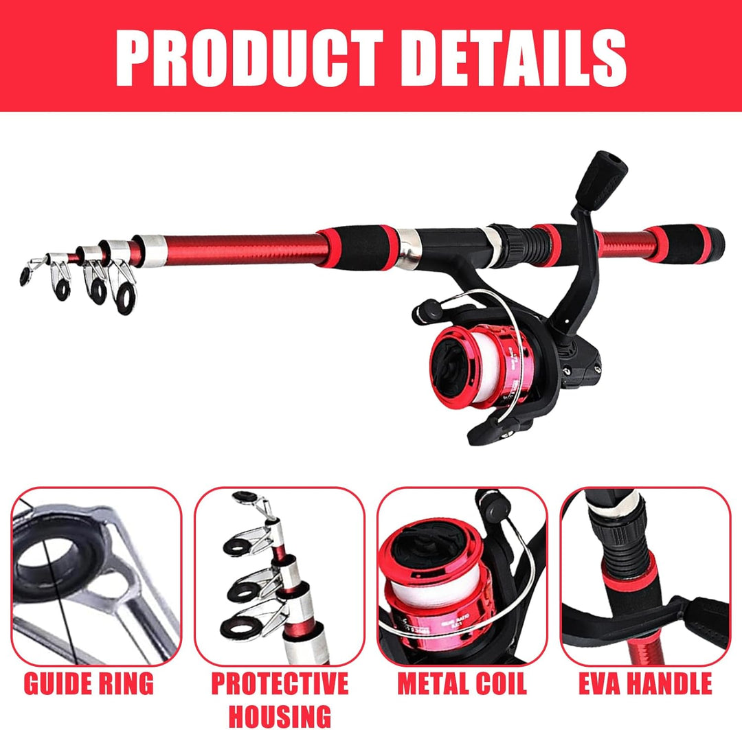 Angelset für Kinder, Rot 1.8m Kinderangel Starter Set, Angelrute Set Kinder mit Angelrolle und Köder