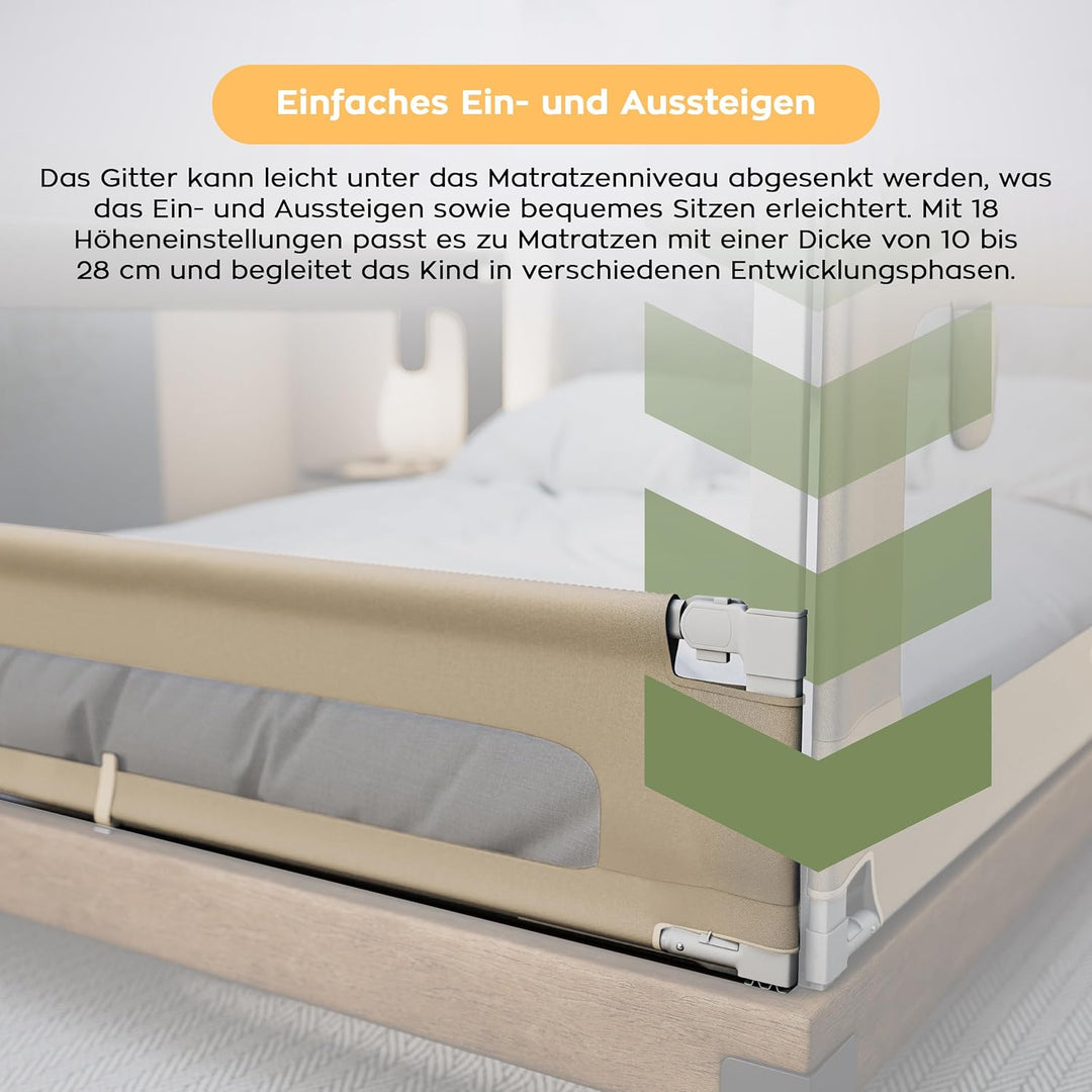 TULANO Cover 40, Bettgitter Kinderbett, Sicherheitsgitter Absenkfunktion, 18-Fach höhenverstellbar,