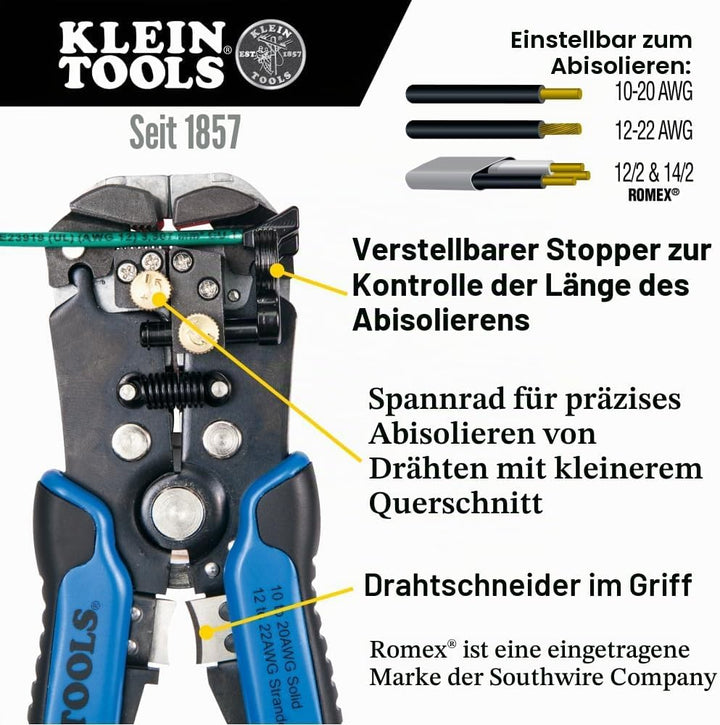 KLEIN TOOLS Abisolierzange und Schneider, selbstnachstellend Blau/Schwarz, Blau/Schwarz