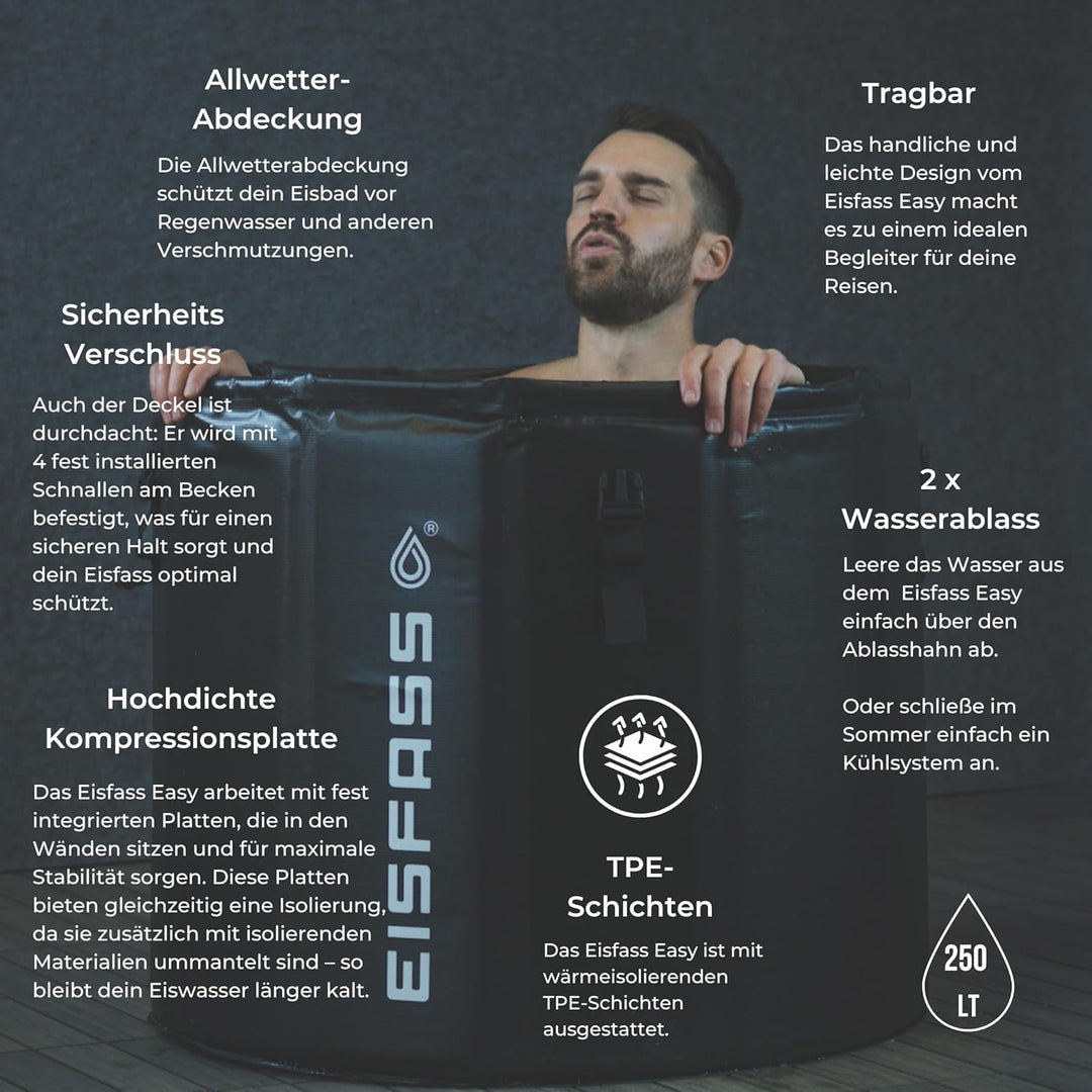 Eisfass® Easy Premium Eisbad für Zuhause zum Eisbaden (77cm Ø x 67 cm, 250L) Patentiert in Europa -