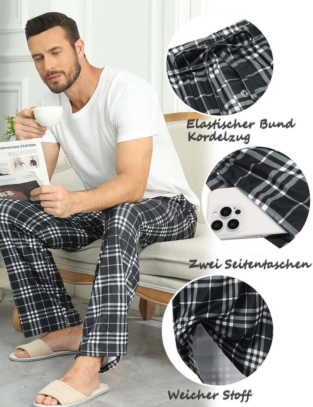 Ekouaer Pyjama Hose Herren Kariert Schlafanzughosen Lang Hosen Männer Schlafhose Loungewear und Nach