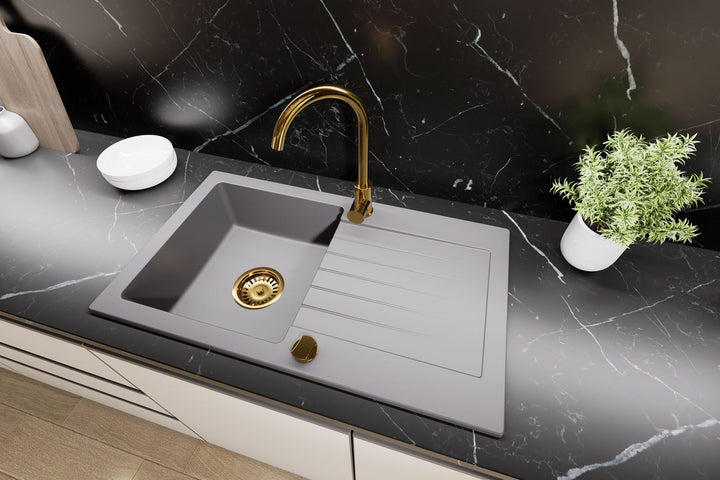 Granitspüle 76x44 Küchenspüle Gold Granit Spülbecken f. Unterschränke ab 45 cm inkl.Siphon Set (Ohne