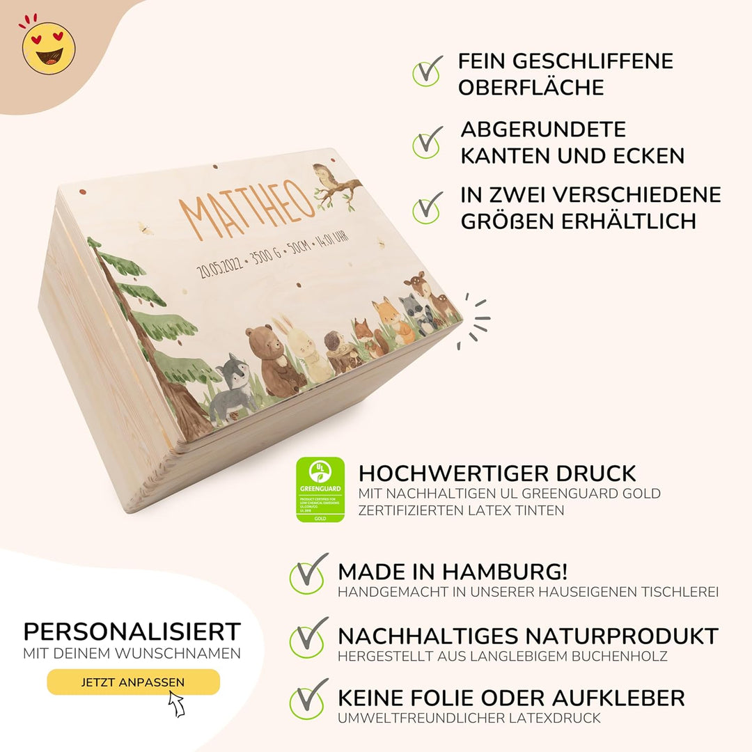 KIDSMOOD - Erinnerungsbox Baby, personalisierte Holzkiste mit Deckel, Ideal zur Aufbewahrung von Eri