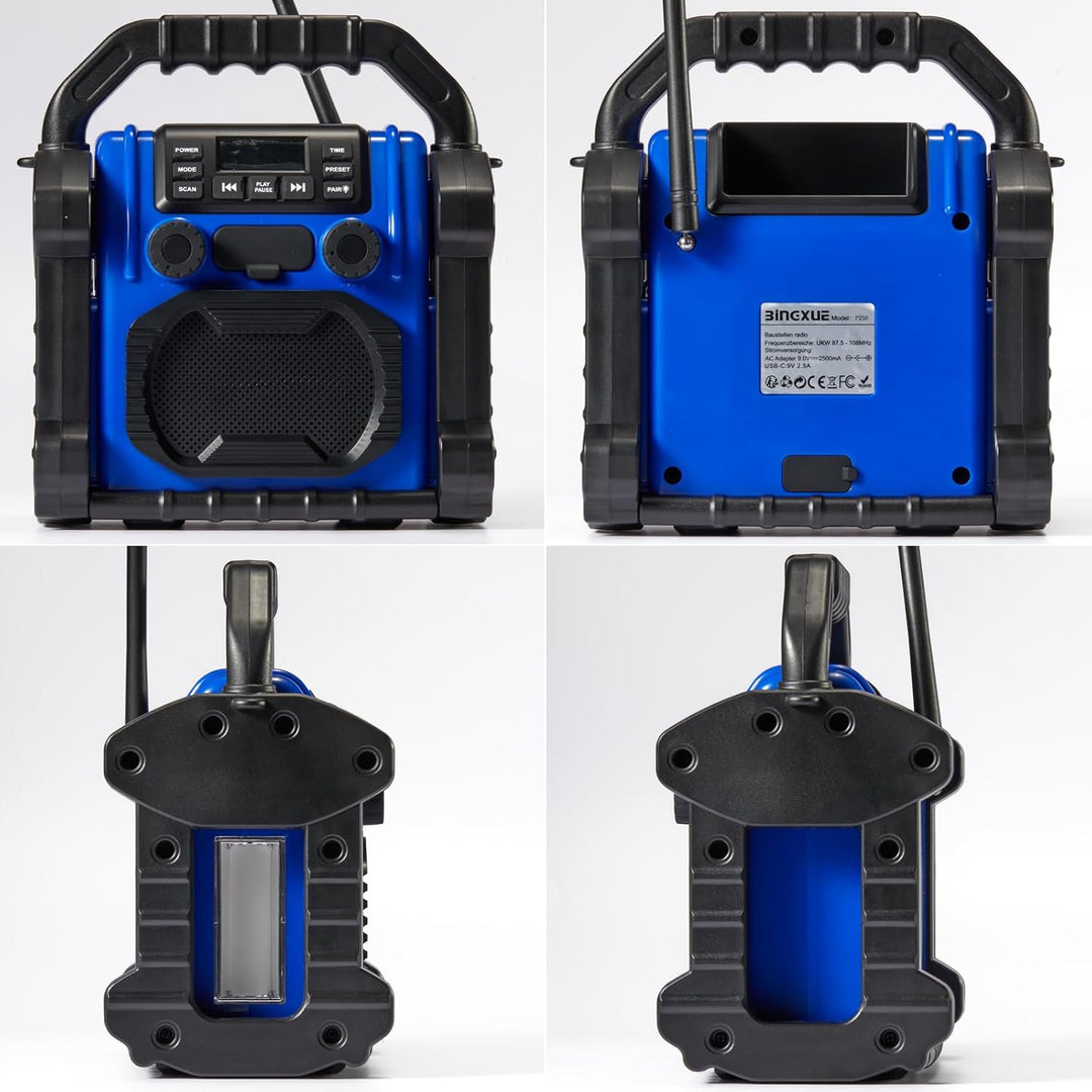 Bingxue FM-Radio-Empfänger, USB-Bluetooth-Lautsprecher mit Uhr-Alarm/LED-Lichtern, tragbar, Antikoll