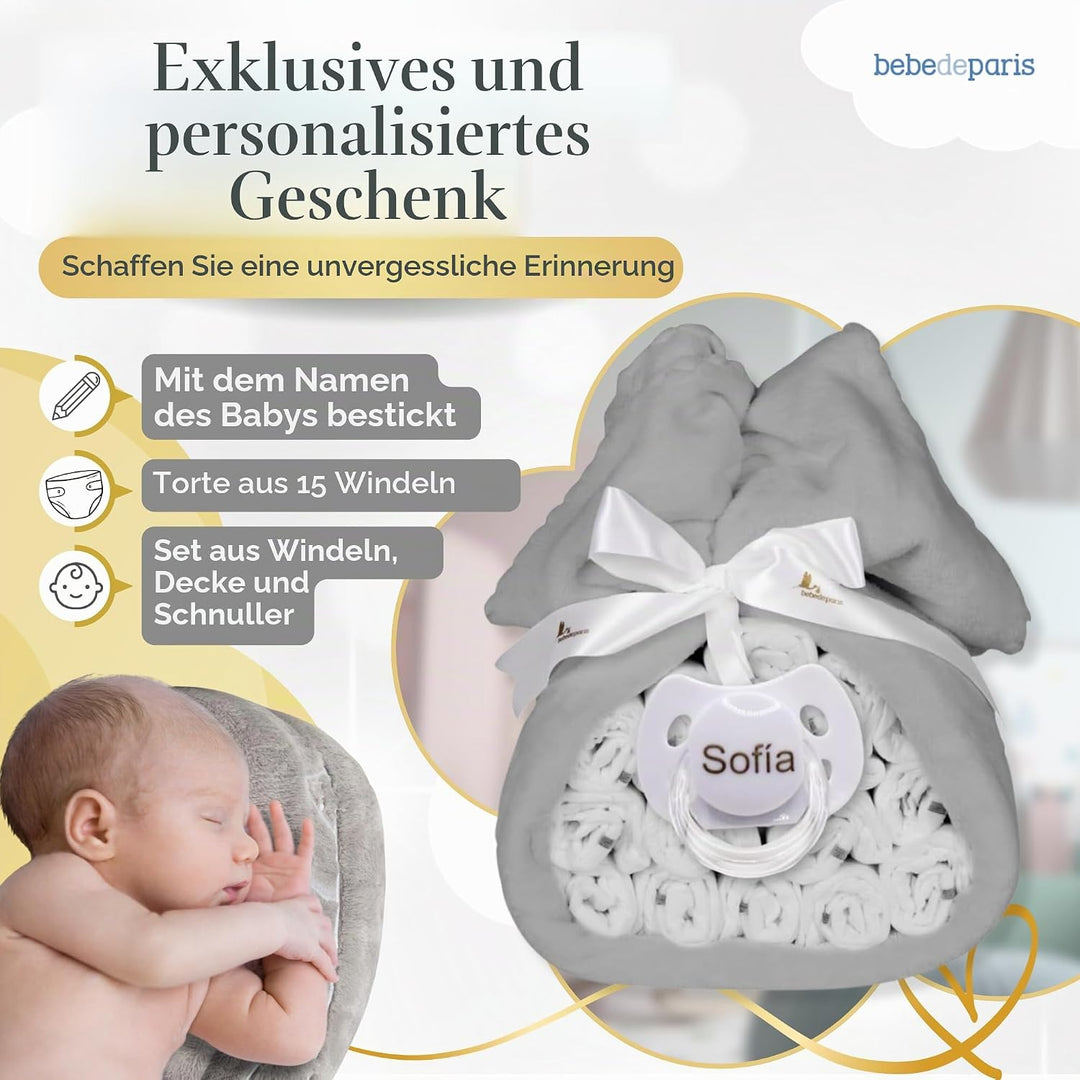 BebeDeParis | Unisex Windeltorte. Torte mit 15 Windeln, Bestickt, Fleece-Decke und Schnuller, Grösse