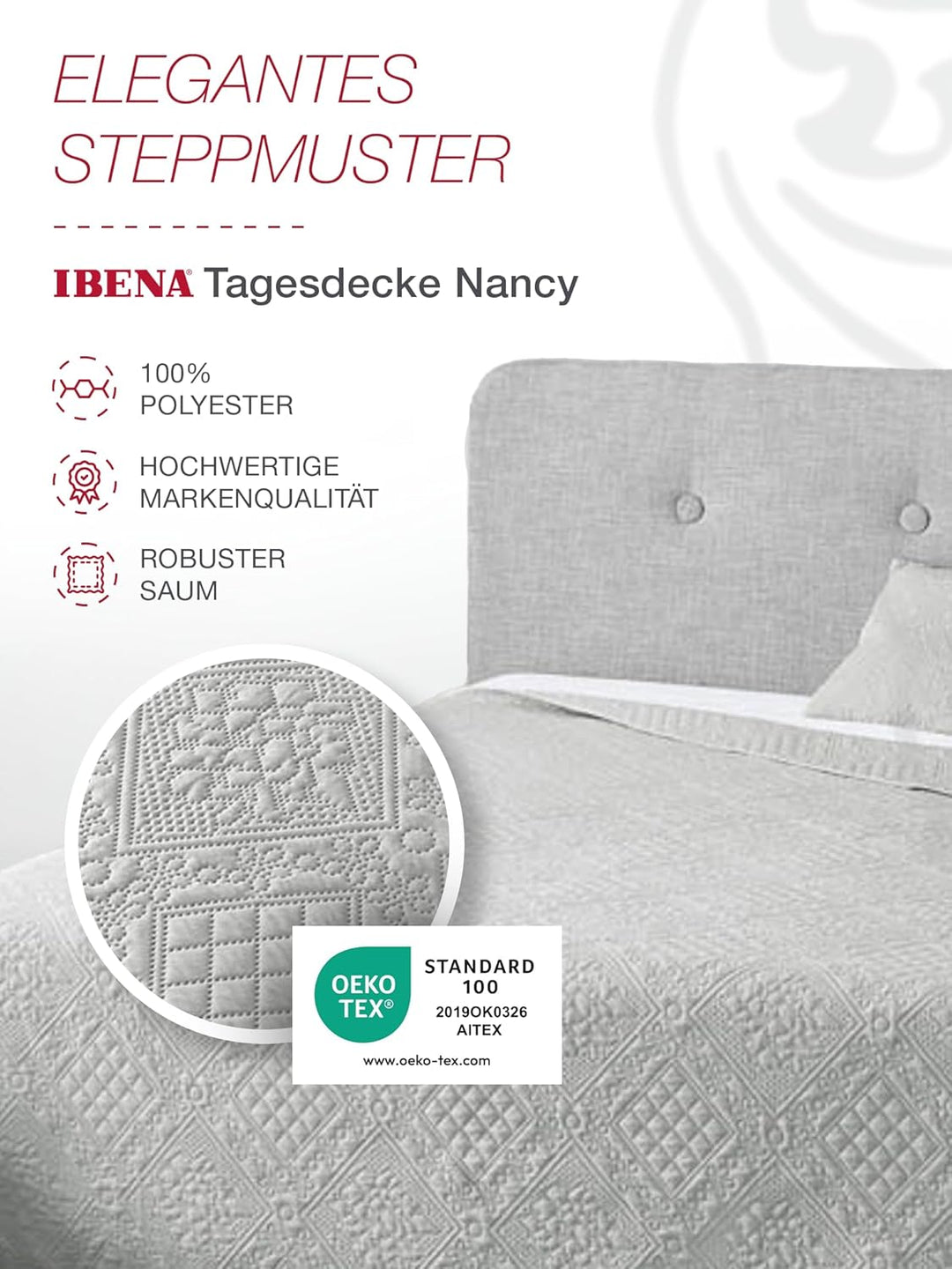 Ibena Nancy Tagesdecke 220x250 cm - modernes Muster, maschinenwaschbar, einfarbiger Bettüberwurf hel