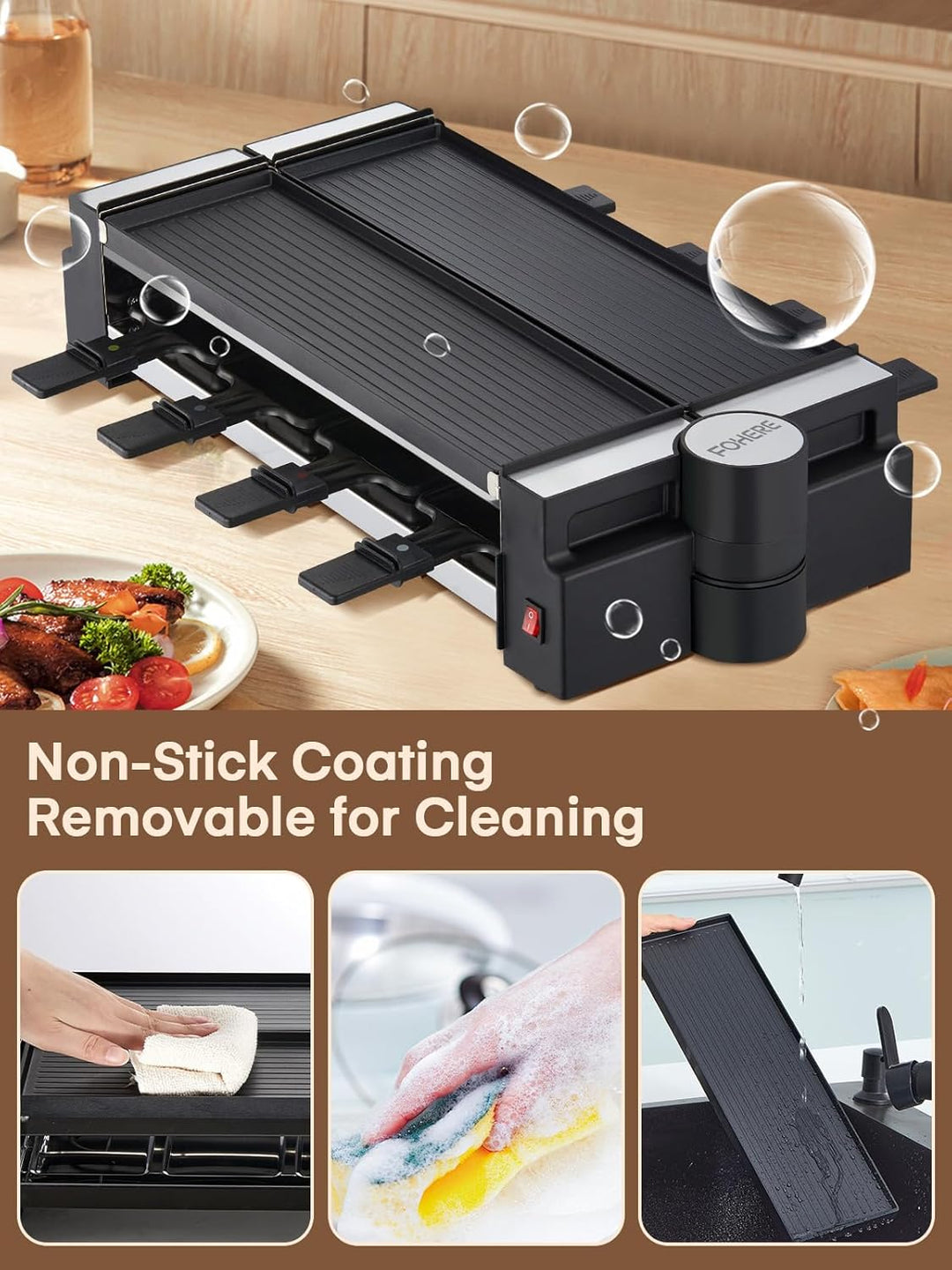 FOHERE Raclette Grill, Drehbarer Raclette 8 Personen mit Antihaftbeschichteter Backplatte und 8 Käse