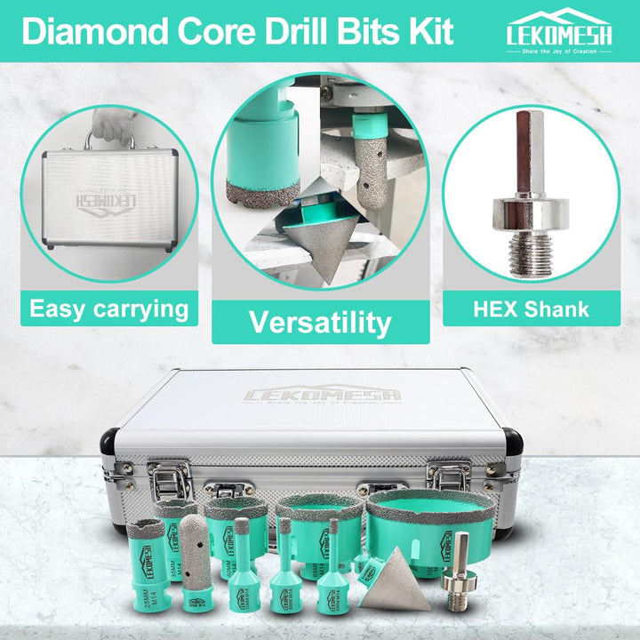 LEKOMESH Diamant Bohrkrone Kit - 11 Stück (6/8/10/25/35/50/68/100mm+20mm Diamant Fingerfräser+50mm D