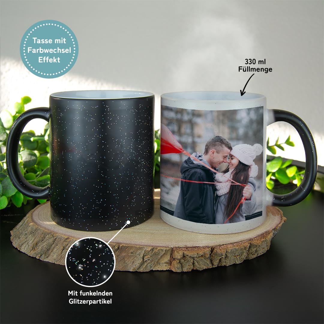 glitzertassen.de® | Personalisierte Magic Glitzertasse mit Text/Bild | Farbwechseltasse mit Glitzer