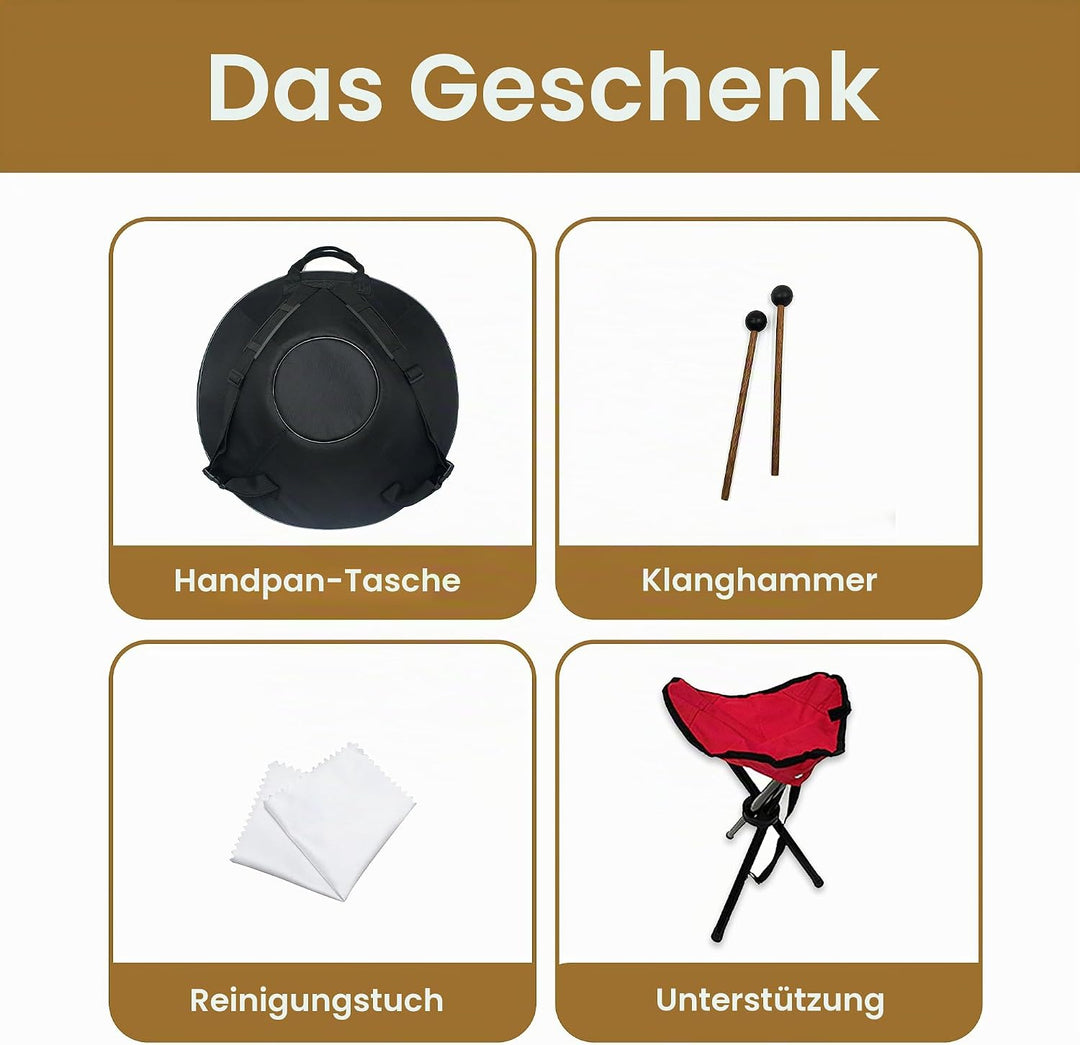 GLADFRESIT 432hz Handpan Steel Drum 9 Notes 22inch "GOLD Performer" in D Minor with handpan stand, h