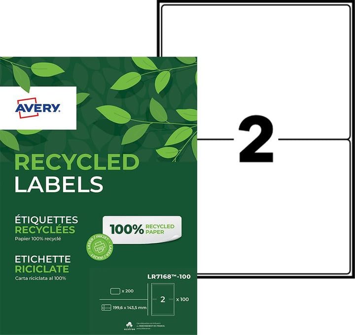 AVERY Zweckform LR7168-100 Versand-Etiketten (A4, 200 Stück, Recycling, 199,6 x 143,5 mm, 100 Blatt)