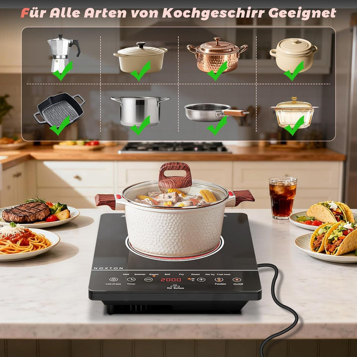NOXTON Induktionskochfeld Einfeld 9 Leistungsstufen 2000W, Touch-Control mit LED-Display, 4h Timer,