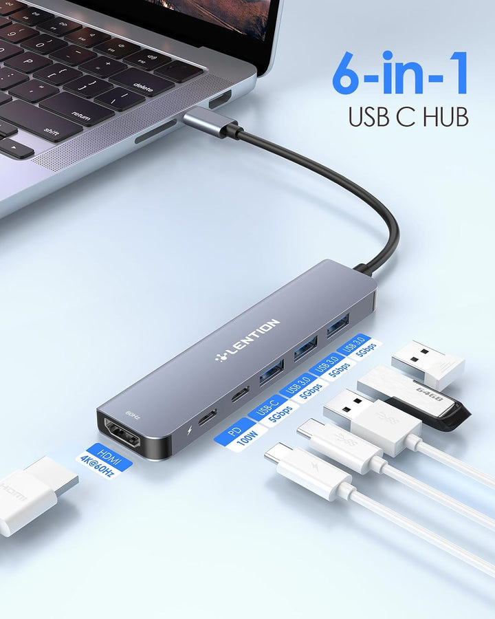 LENTION USB C Hub mit 4K60Hz HDMI, 100W PD, USB-C Datei, USB 3.0, Multiport Adapter kompatibel 2025-