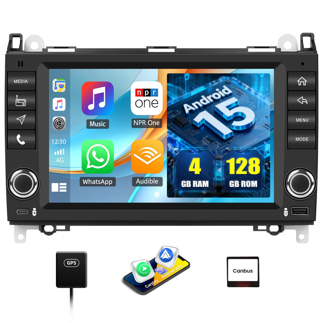 CAMECHO 4G+128G Android 15 Autoradio für Mercedes Benz W169 B200/W245 W639 Viano Sprinter mit Apple