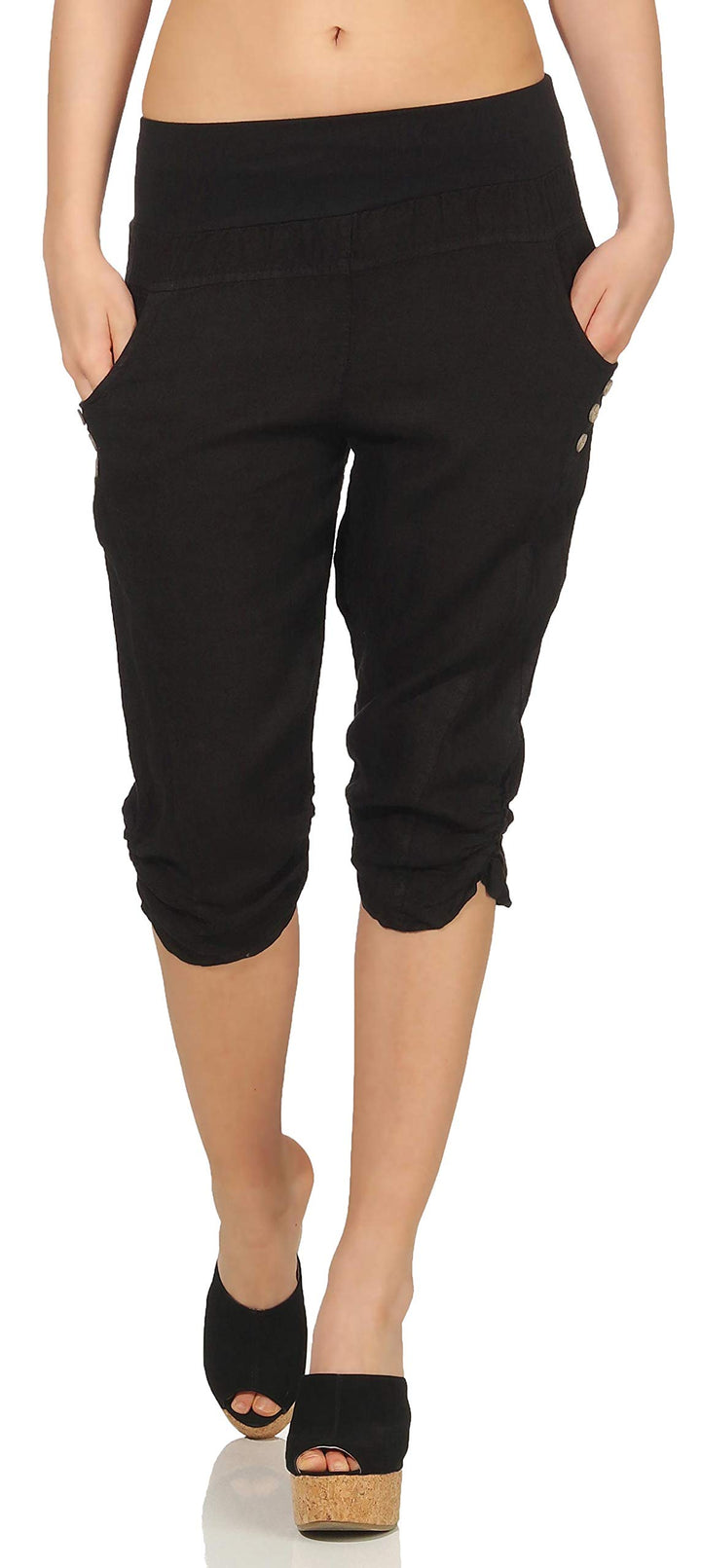 Malito Damen Hose aus Leinen | Stoffhose in Uni Farben | Freizeithose mit Knöpfen | Chino - Capri -