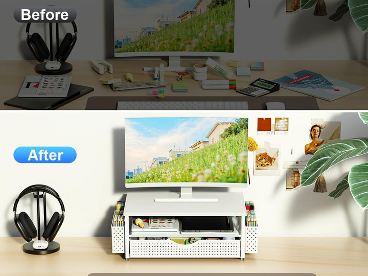 Monitorständer mit Schublade, Schreibtischorganizer und Zubehör, 2-stufiger Computer Monitor Erhöhun